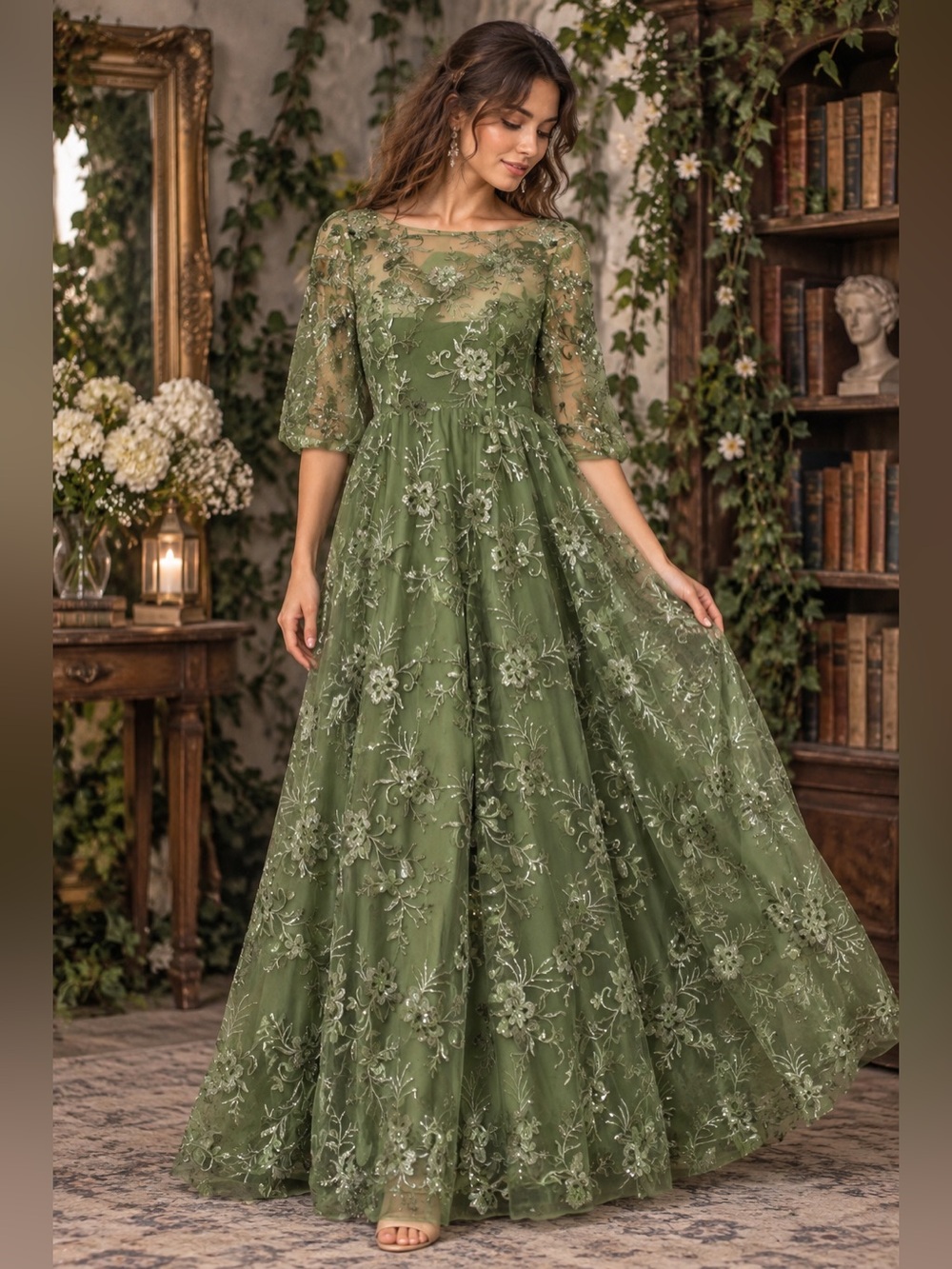 & Other Stories Olive Green Embroidered Tulle Maxi Dress
